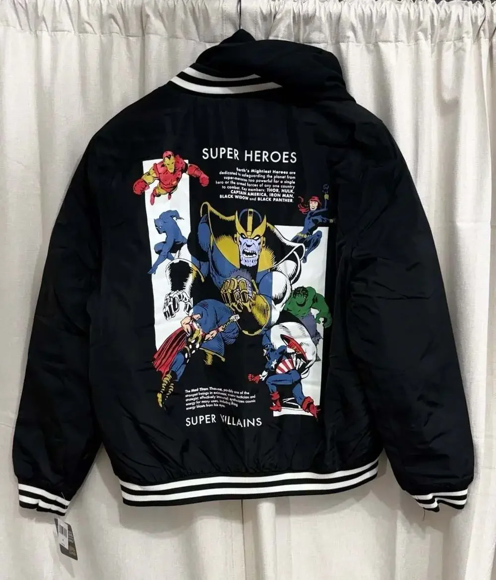 Marvel Comics Super Heroes vs Super Villains Black Hooded Varsity Bomber Jacket